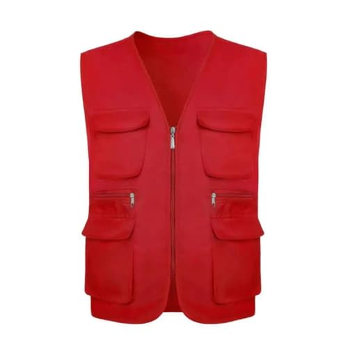 WUFANGBU Weste Vest Männer Weste Plus Größe Mehrere Taschen Ärmel Los Slim Fit Outdoor Weste Arbeits Kleidung 2XL Rot von WUFANGBU