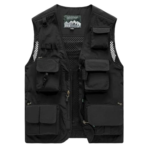 WUFANGBU Weste Vest Outdoor-Weste Für Männer Mit Mehreren Taschen Große Größe Für Männer Jacke Für Fotografie Fisch XL Schwarz von WUFANGBU