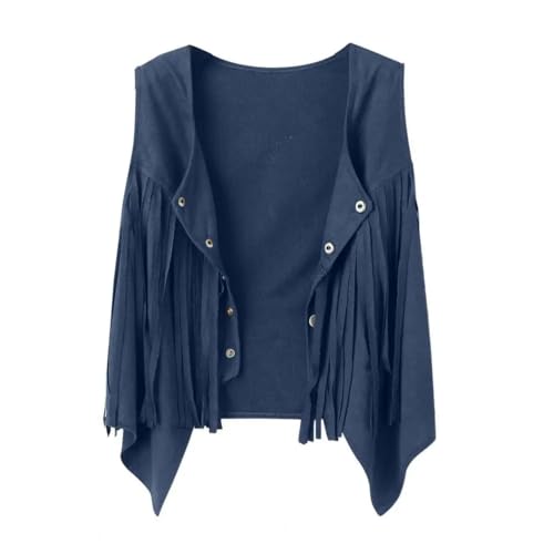 WUFANGBU Weste Vest Retro Damen Weste Vintage Fringe Quaste Weste Für Frauen V-Ausschnitt Strickjacke Retro Lady Jacke Solid L Navyblue von WUFANGBU