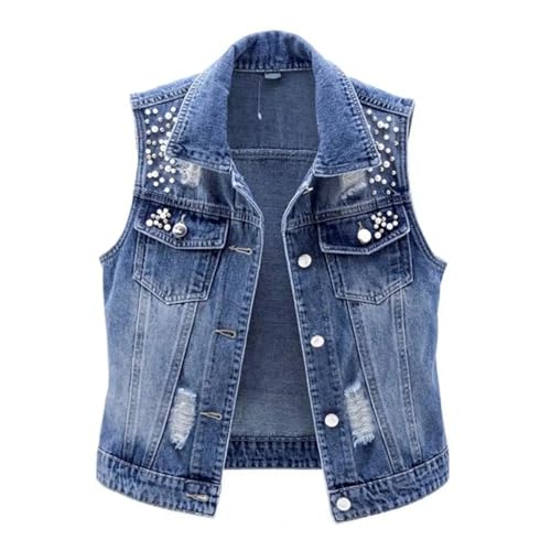 WUFANGBU Weste Vest Taschen Damen Weste Damen Damen Weste Vintage Jeans Weste Lose Fit Perlen Dekor Einreiher Hop Streetwear Für Damen XL Blau von WUFANGBU