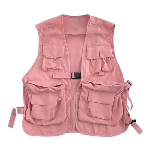 WUFANGBU Weste Vest Unisex Weste Hip Hop Stil Einfarbig Ärmellose Weste Lose Schnalle Verschluss Multi Taschen Damen Herren Cargo Weste M Pink von WUFANGBU