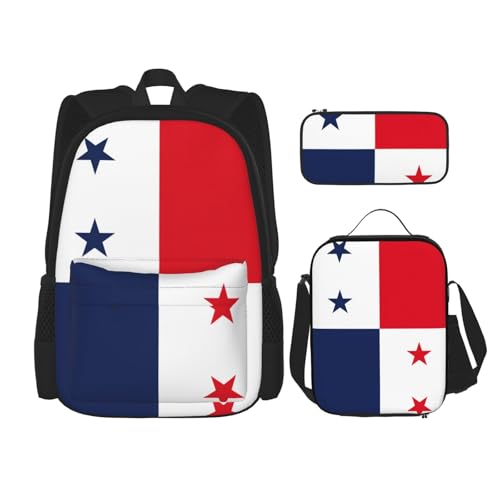 WURTON 3-in-1 Büchertaschen-Set, verstellbarer Schulter-Rucksack, Lunch-Tasche, Federmäppchen, Tasche, Flagge Panamas, Einheitsgröße von WURTON