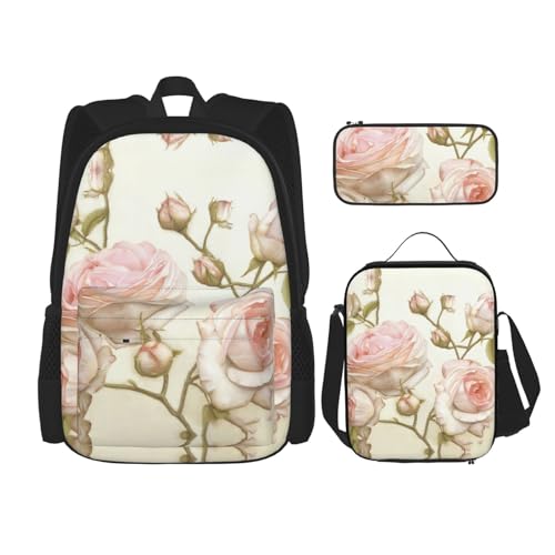 WURTON Beauty Pink Roses Print Trendy Rucksack Taschen Lunchbox und Federmäppchen 3 in 1 Verstellbarer Rucksack Set, Schwarz, Einheitsgröße, Schwarz , Einheitsgröße von WURTON