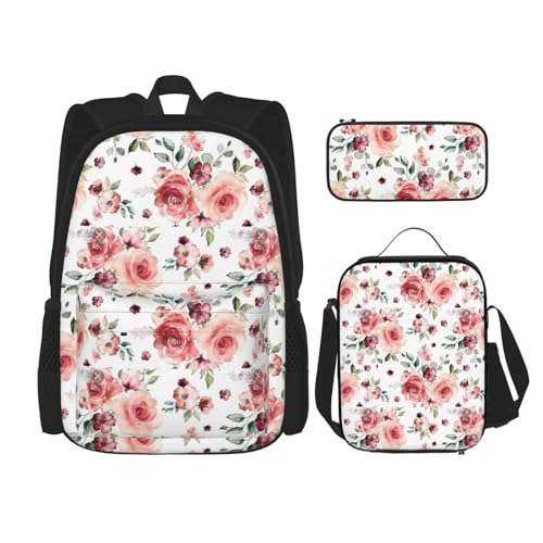 WURTON Blossoming Rose Flowers Print Travel Lunch Box Pencil Case Backpack Set 3 Pieces Adjustable Straps Lightweight von WURTON
