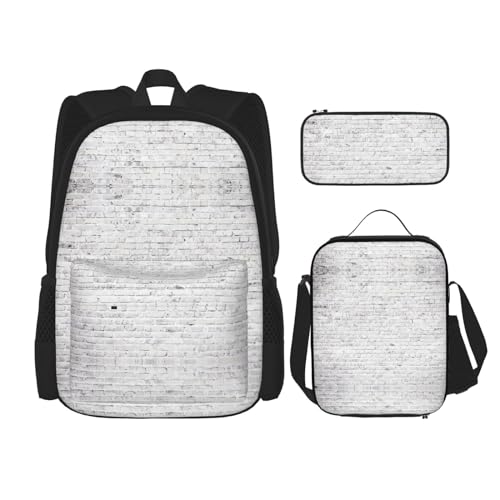 WURTON Brick Wall Print 3-in-1 Büchertaschen-Set, verstellbarer Schulter-Rucksack, Lunch-Tasche, Federmäppchen, Beutelbox, Schwarz, Einheitsgröße von WURTON