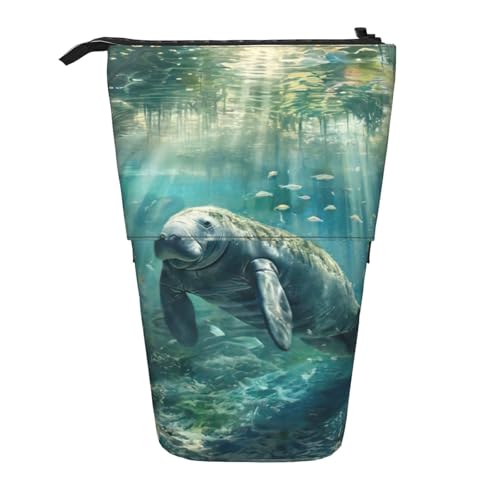 WURTON Crazy Save Manatee Print Bleistift Teleskop Fall Multifunktionale Schreibwaren Aufbewahrungstasche Box Bürobedarf, Schwarz , Einheitsgröße von WURTON