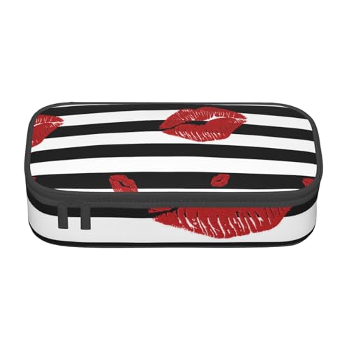 WURTON Federmäppchen mit rotem Mund, bedruckt mit schwarz-weißen Streifen, Mehrzweck, Kosmetik-Aufbewahrungstasche, Federmäppchen von WURTON