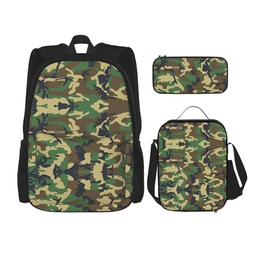 WURTON Grünes Militär-Camouflage-Druck, verstellbare Schultergurte, Rucksack-Set, Lunch-Tasche, Federmäppchen, Kombinationstaschen-Set von WURTON