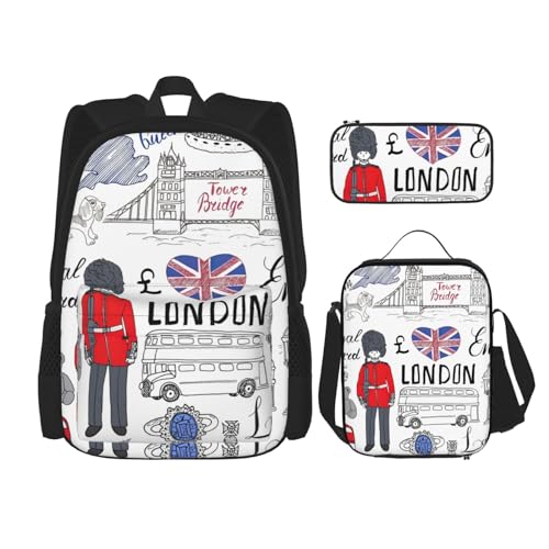 WURTON I Love London 3-in-1 Büchertaschen-Set, verstellbarer Schulter-Rucksack, Lunch-Tasche, Federmäppchen, Beutelbox, Schwarz, Einheitsgröße von WURTON