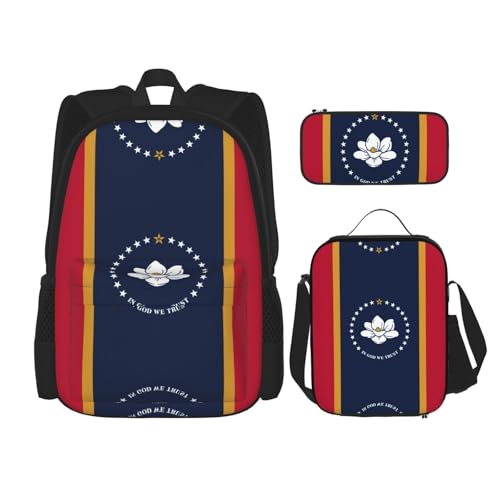 WURTON Mississippi Rucksack mit Staatsflaggen-Druck, trendige Rucksack, Tasche, Lunchbox und Federmäppchen, 3-in-1, verstellbares Rucksack-Set von WURTON