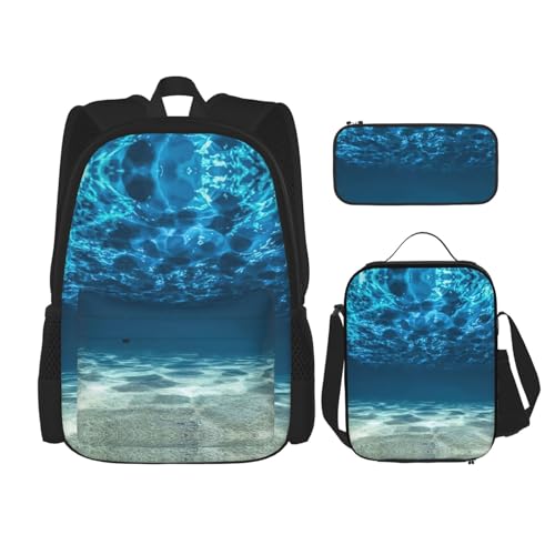 WURTON Ocean Print Trendy Rucksack Taschen Lunchbox und Federmäppchen 3 in 1 Verstellbarer Rucksack Set, Schwarz, One Size, Schwarz , Einheitsgröße von WURTON