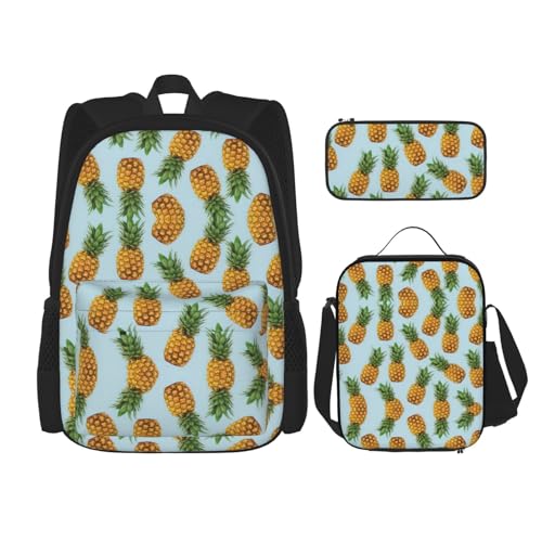 WURTON Pineapple Print Trendy Rucksack Taschen Lunchbox und Federmäppchen 3 in 1 Verstellbarer Rucksack Set von WURTON