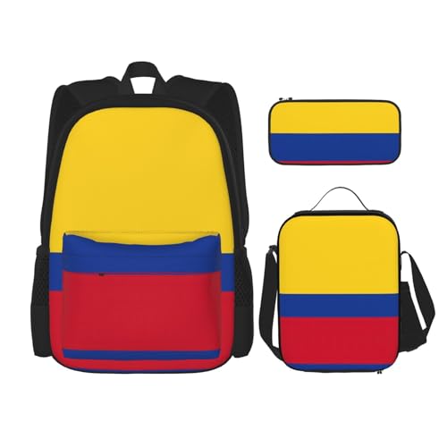 WURTON Rucksack, Motiv: Flagge von Kolumbien, Schulbüchertasche mit Lunchtasche, Federmäppchen, Kombination, Schulranzen-Set von WURTON