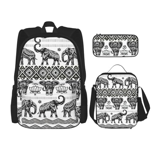 WURTON Rucksack-Set mit Bohemian-Elefanten-Muster, Schultasche mit Lunchtasche, Federmäppchen, Kombination, Schulranzen-Set von WURTON