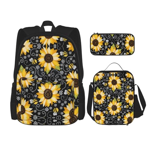WURTON Rucksack-Set mit Sonnenblumen-Motiv, Büchertasche mit Lunch-Tasche, Federmäppchen, Kombination, Schultaschen-Set von WURTON