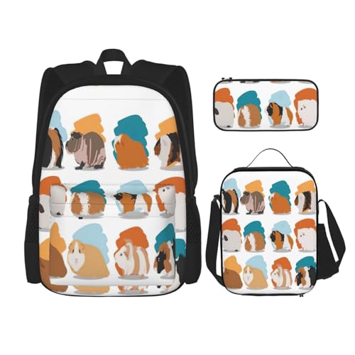 WURTON Rucksack mit Meerschweinchen-Illustrationsdruck, trendiger Rucksack, Lunchbox, Federmäppchen, 3-in-1, verstellbares Rucksack-Set, Schwarz , Einheitsgröße von WURTON