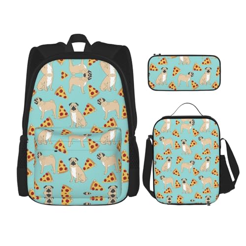 WURTON Rucksack mit Mops-Pizza-Motiv, 3-in-1-Büchertaschen-Set mit Lunchbox, Federmäppchen, Reise-Laptop-Tagesrucksäcke von WURTON
