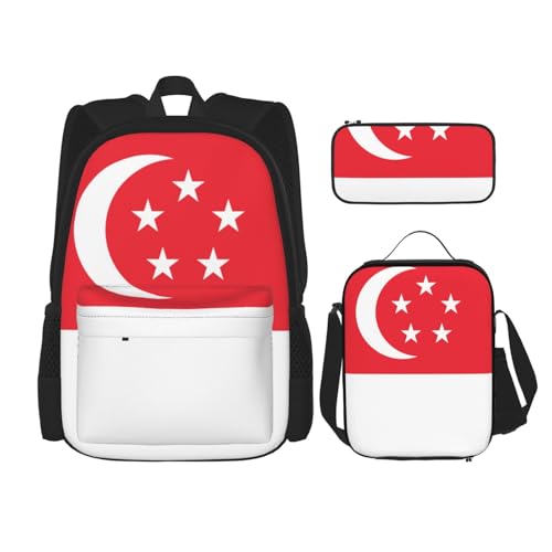 WURTON Rucksack mit Singapur-Flagge, 3-in-1, Büchertaschen-Set, Lunchbox, Federmäppchen, Reise-Laptop-Tagesrucksäcke, Schwarz, Einheitsgröße von WURTON