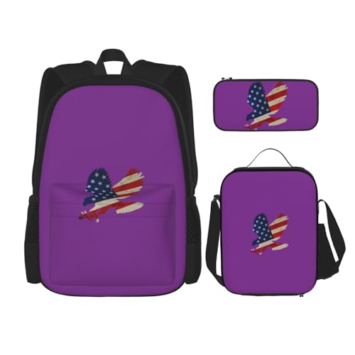 WURTON Rucksack mit amerikanischem Adler und Flagge, für Mädchen, Jungen, Schultaschen, Teenager, Lunchbox und Federmäppchen, 3-in-1-Büchertaschen-Set von WURTON