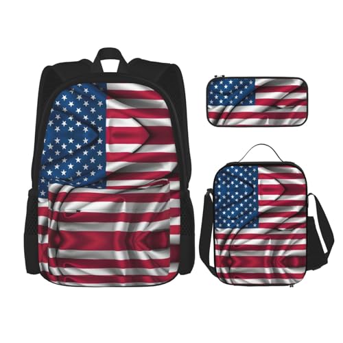 WURTON Rucksack mit amerikanischer Flagge 2, Schulbüchertasche mit Lunch-Tasche, Federmäppchen, Kombination, Schultaschen-Set, Schwarz , Einheitsgröße von WURTON