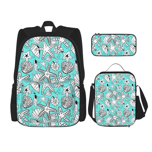 WURTON Schöner Schulrucksack mit Seestern-Druck, 3-in-1-Büchertaschen-Set mit Lunchbox, Federmäppchen, Reise-Laptop-Tagesrucksäcke von WURTON