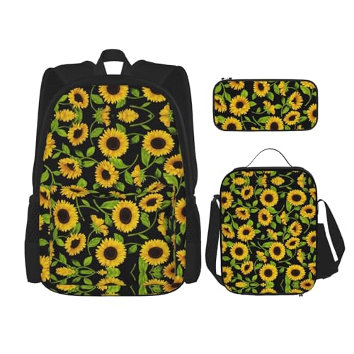 WURTON Schöner Schulrucksack mit Sonnenblumen-Druck, 3-in-1-Büchertaschen-Set mit Lunchbox, Federmäppchen, Reise-Laptop-Tagesrucksäcke von WURTON