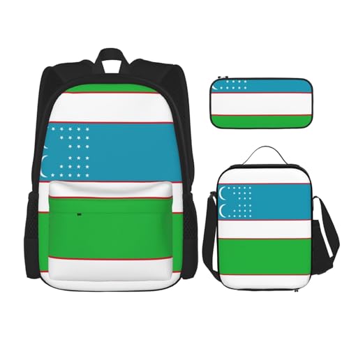 WURTON Schulrucksack, Motiv: Flagge der Republik Usbekistan, 3-in-1, Büchertaschen-Set mit Lunchbox, Federmäppchen, Reise-Laptop-Tagesrucksäcke von WURTON