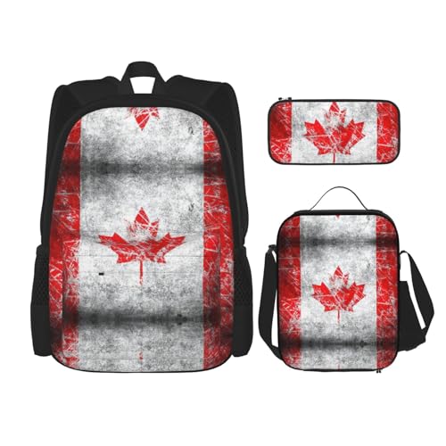 WURTON Schulrucksack-Set mit Retro-Motiv Kanada-Flagge, 3-in-1, Büchertaschen-Set mit Lunchbox, Federmäppchen, Reise-Laptop-Tagesrucksäcke von WURTON