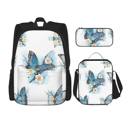 WURTON Schulrucksack-Set mit blauem Schmetterling auf Blüten, 3-in-1, Büchertaschen-Set mit Lunchbox, Federmäppchen, Reise-Laptop-Tagesrucksäcke von WURTON