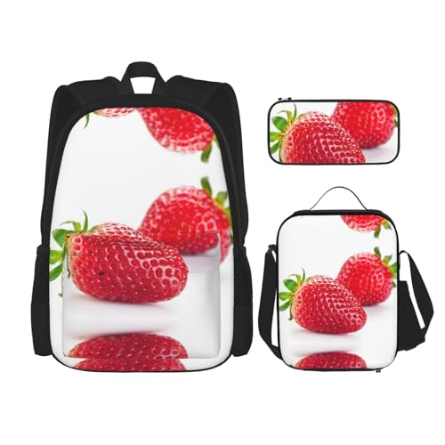 WURTON Trendige Rucksacktaschen mit Erdbeermotiv, Lunchbox und Federmäppchen, 3-in-1, verstellbares Rucksack-Set von WURTON