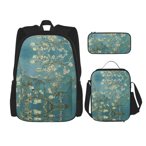 WURTON Trendige Rucksacktaschen mit Mandelblüten-Druck, Lunchbox und Federmäppchen, 3-in-1, verstellbares Rucksack-Set, Schwarz , Einheitsgröße von WURTON