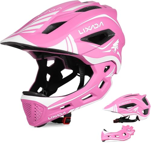 Kinder Vollgesichtshelm Abnehmbare Kinder Sport Sicherheit Fahrradhelm Schutzausrüstung Für Fahrrad Skateboarding Roller Skating Scooter (Rosa) von WUSKOV