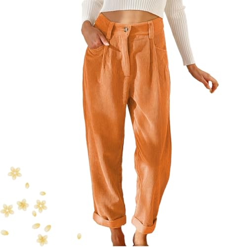 Bequeme Freizeithose für Damen, leger, locker, gerippt, gerades Bein, Boyfriend-Hose mit Taschen, hohe Taille, Orange, Größe 3XL von WXDTW