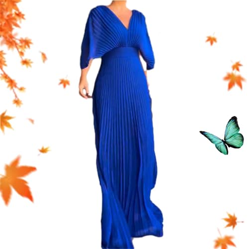 Damen-Maxikleid mit plissierten Fledermausärmeln, lässiger V-Ausschnitt, hohe Taille, Sommer, halbe Ärmel, fließendes Sommerkleid (Blau, Größe S) von WXDTW