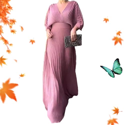 Damen-Maxikleid mit plissierten Fledermausärmeln, lässiger V-Ausschnitt, hohe Taille, Sommer, halbe Ärmel, fließendes Sommerkleid (Rosa, Größe L) von WXDTW