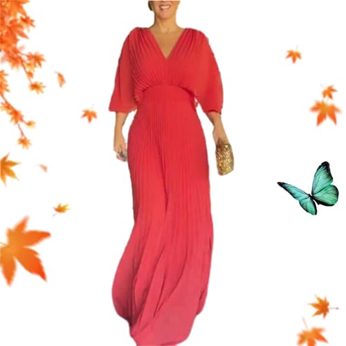 Damen-Maxikleid mit plissierten Fledermausärmeln, lässiger V-Ausschnitt, hohe Taille, Sommer, halbe Ärmel, fließendes Sommerkleid (Rot, Größe S) von WXDTW