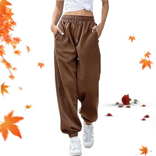 Damen-Sweathose mit hoher Taille, lässige Jogginghose mit Taschen, einfarbig, athletisch, weites Bein, elastische Taille, Farbe: Kaffee, Größe L von WXDTW