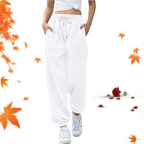 Damen-Sweathose mit hoher Taille, lässige Jogginghose mit Taschen, einfarbig, athletisch, weites Bein, elastische Taille (weiß, M) von WXDTW