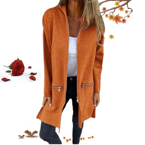 Damenjacke mit Rundhalsausschnitt, Reißverschluss, langärmelig, lässig, für Herbst und Winter, Kapuzenjacke, Mantel, Tunika, Trenchcoat mit Reißverschlusstaschen (Orange, Größe 5XL) von WXDTW