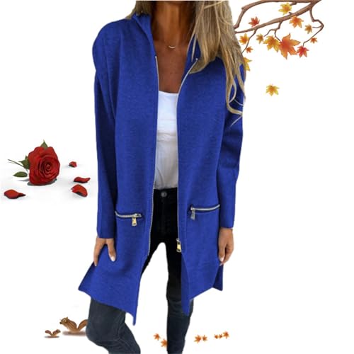 Damenjacke mit Rundhalsausschnitt, Reißverschluss, langärmelig, lässig, für Herbst und Winter, Kapuzenjacke, Mantel, Tunika, Trenchcoat mit Reißverschlusstaschen (blau, Größe S) von WXDTW