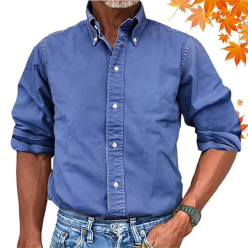 Herren-Hemd im Vintage-Stil, hochwertig, gewaschen, langärmelig, klassisch, Knopfleiste, Revers, Tops, Herbst, lässig, gewaschene Baumwolle (blau, Größe 2XL) von WXDTW