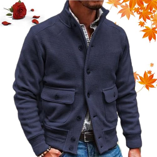 Herren-Jacke mit Stehkragen, warme Strickwaren, solide schmale Passform, gestrickt, isoliert, lässig, Button-Down-Jacke mit Tasche (Marineblau, Größe M) von WXDTW