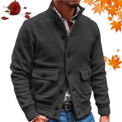 Herren-Jacke mit Stehkragen, warme Strickwaren, solide schmale Passform, gestrickt, isoliert, lässig, Button-Down-Jacke mit Tasche (Schwarz, Größe M) von WXDTW