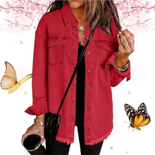 Lässige Jeansjacke für Damen, Knopfleiste, Used-Look, modisch, lange Ärmel, übergroßer Saum, Jeans-Hemdjacke mit Taschen (Rot, Größe S) von WXDTW