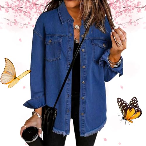 Lässige Jeansjacke für Damen, mit Knopfleiste, modisch, lange Ärmel, übergroßer Saum, Jeans-Hemdjacke mit Taschen (Dunkelblau, Größe M) von WXDTW