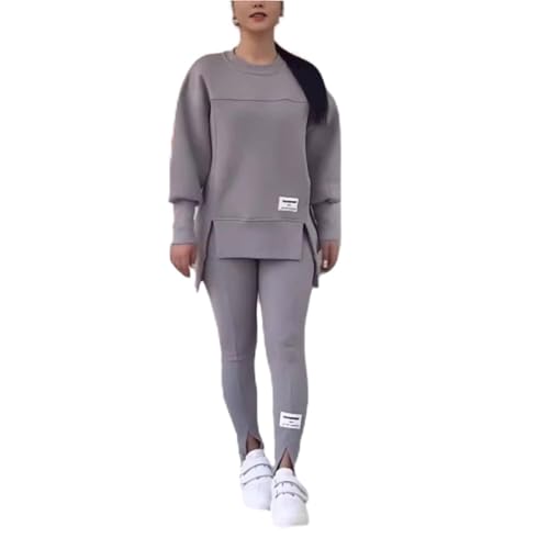 Lässiges Damen-Sweatshirt-Legging-Set, einfarbig, Rundhalsausschnitt, lange Ärmel, Schlitzsaum, Übergröße, 2-teiliges Outfit, Sweatsuit (grau, XL) von WXDTW