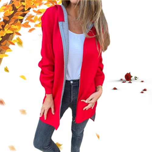 Langer Damen-Trenchcoat mit Rundhalsausschnitt, Reißverschluss, langärmelig, für Herbst und Winter, lässig, langer Reißverschluss, Kapuzenjacke, Mantel, warm, Rot von WXDTW