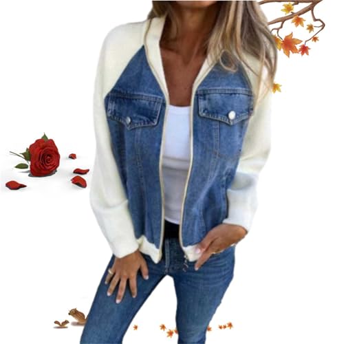 Moderne Jacke mit Denim-Stoff, für Herbst und Winter, für Damen, mit Nähten, lässig, Jeans-Oberteil, langärmelig, Reißverschluss, Farbe (Blau, Größe XL) von WXDTW