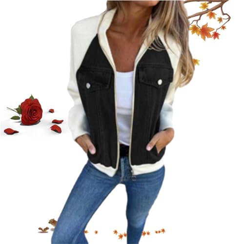 Moderne Jacke mit Denim-Stoff, für Herbst und Winter, für Damen, mit Nähten, lässig, Jeans-Oberteil, langärmelig, Reißverschluss, Farbe Weiß, Größe 3XL von WXDTW