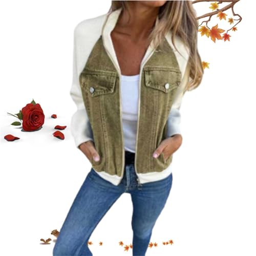 Moderne Jacke mit Denim-Stoff, für Herbst und Winter, für Damen, mit Nähten, lässig, Jeans-Oberteil, langärmelig, Reißverschluss, Farbe: Grün, Größe M von WXDTW